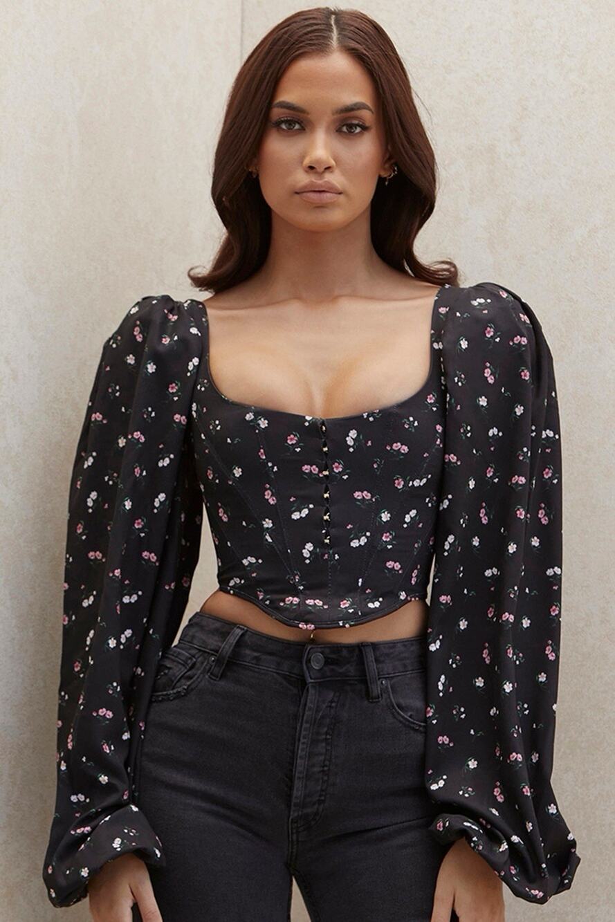 House of CB Jouca Black Floral Corset Top Puff Sleeve XS